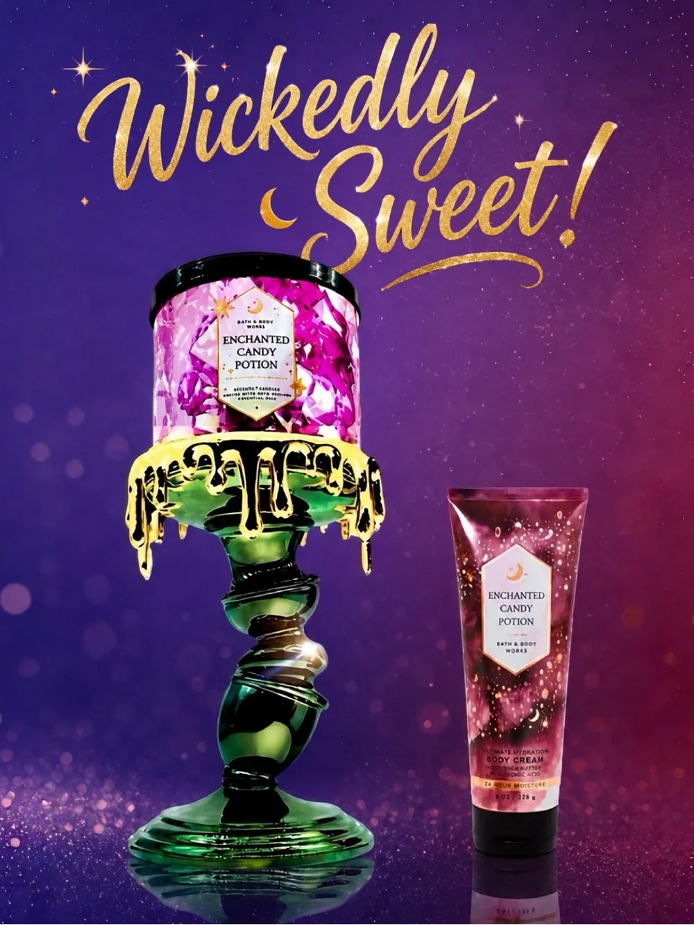 NWT Bath & Body Works Enchanted Candy Potion Candle Pedestal 3 Pc Set